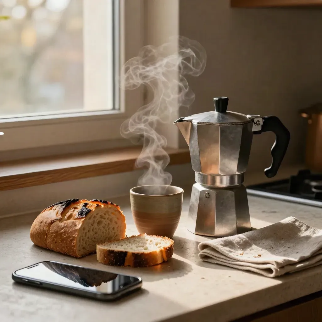 Colazione calda con moka, tazza, pane, telefono e tovagliolo di lino sul piano cucina.