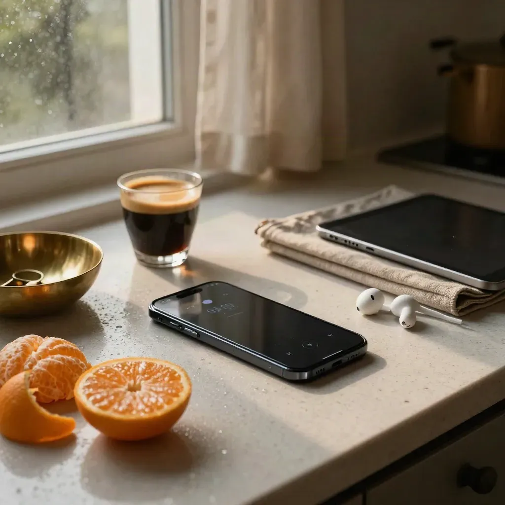 Smartphone, espresso e clementine su cucina crema, luce calda e balcone sfocato.
