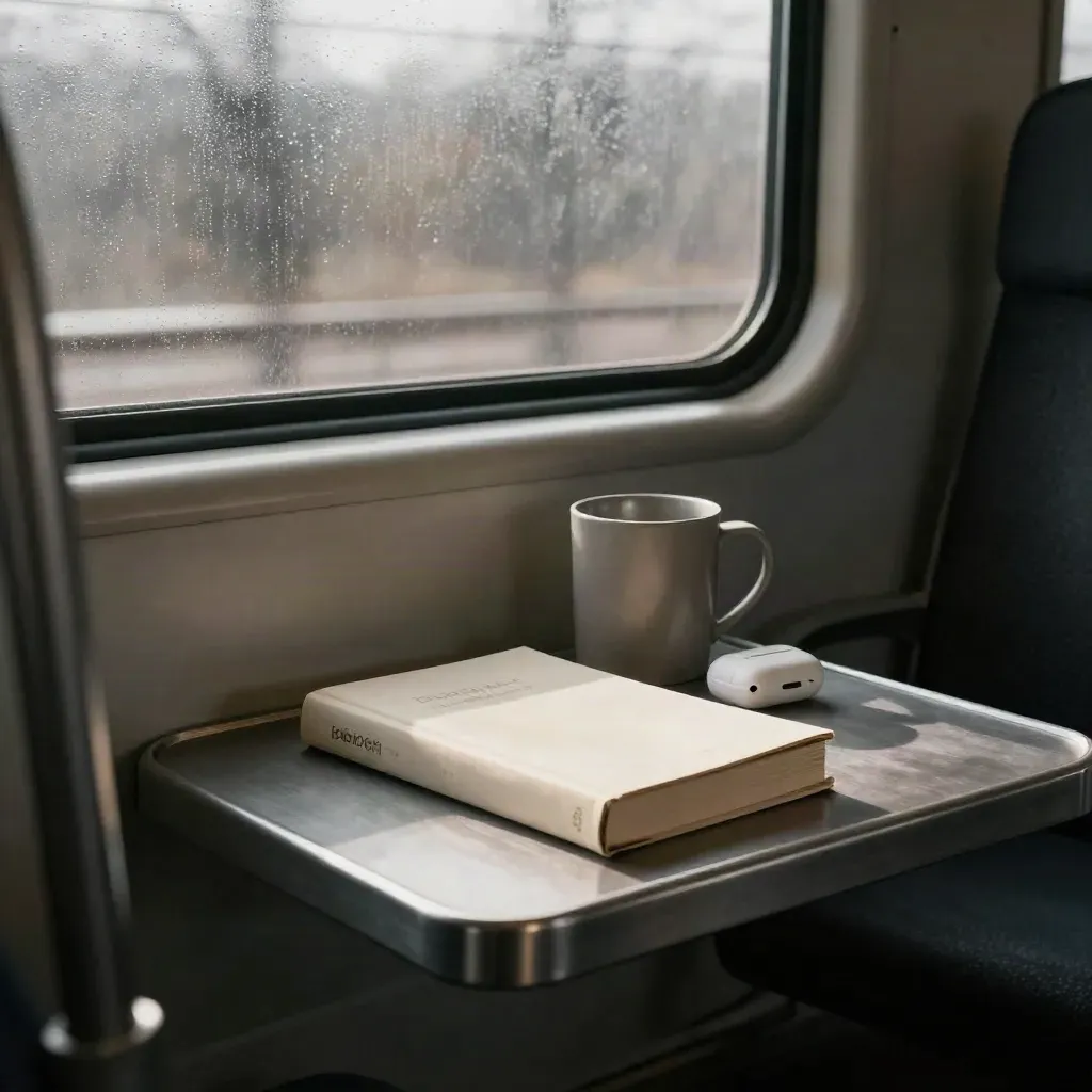 Libro chiuso, tazza termica e auricolari su un sedile del treno, con finestra appannata.