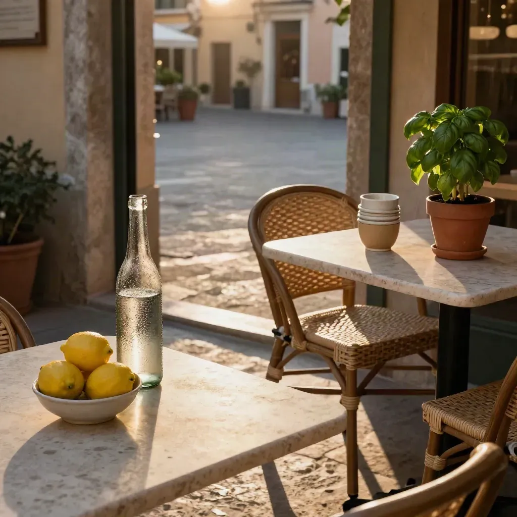 Tavolo di trattoria con bottiglia fredda, limoni, bicchieri in ceramica e basilico al tramonto.