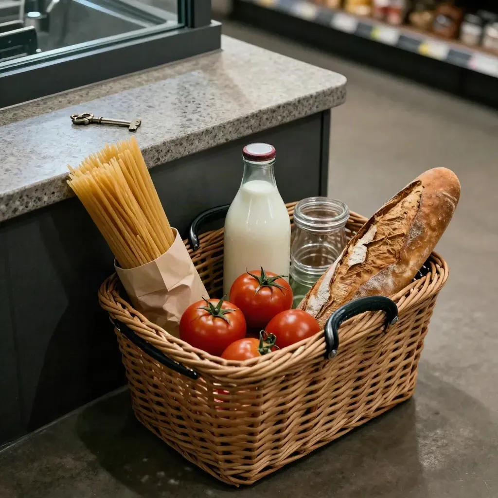 Cestino della spesa con pomodori, pasta, latte, pane e barattoli sul banco cassa.