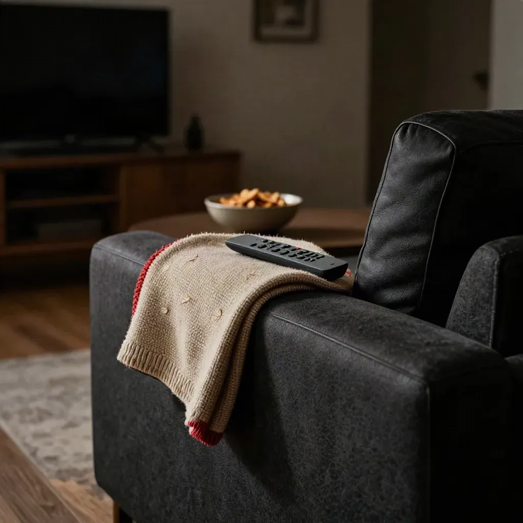 Bracciolo di divano con telecomando, coperta piegata e ciotola di snack nel bagliore della TV.
