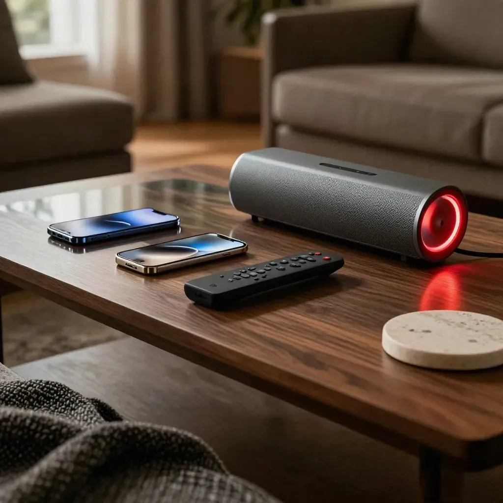 Due smartphone luminosi, un telecomando e un altoparlante su tavolino di vetro, luce rossa vibrante.