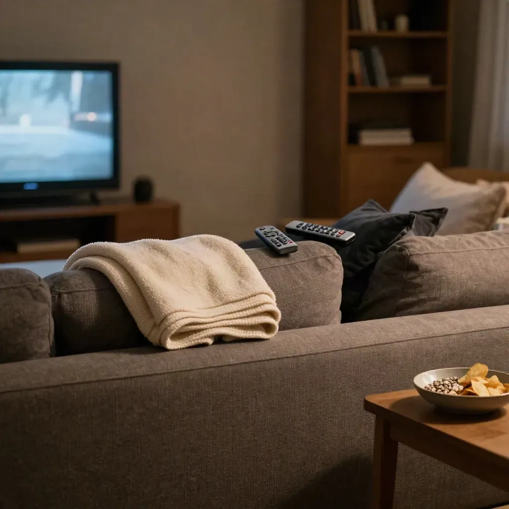 Salotto notturno con luce TV, telecomando, coperta piegata e ciotola di snack.