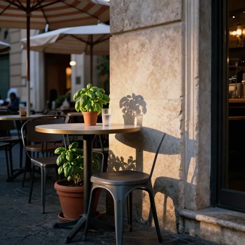 Tavolo in piazza a Roma d’estate con basilico, bicchiere d’acqua e muro in travertino al tramonto.