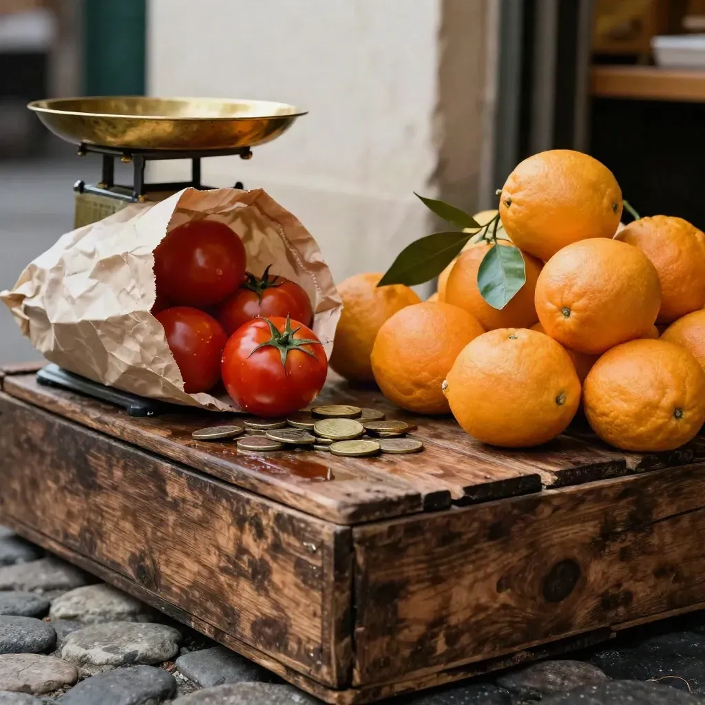 Mercato con bilancia in ottone, sacchetto di pomodori, monete e agrumi in ombra fresca.