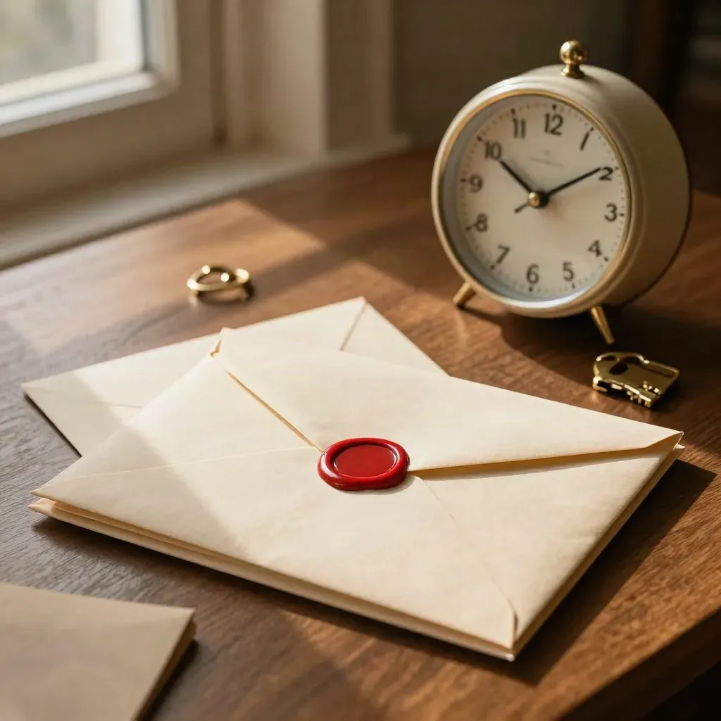 Buste sigillate, orologio da parete e cartellina su una scrivania, luce calda del pomeriggio.