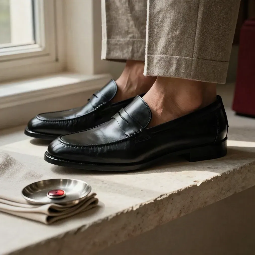 Loafer nero, polsino di blazer in lino, piattino metallico e panno sabbia su mensola in pietra.