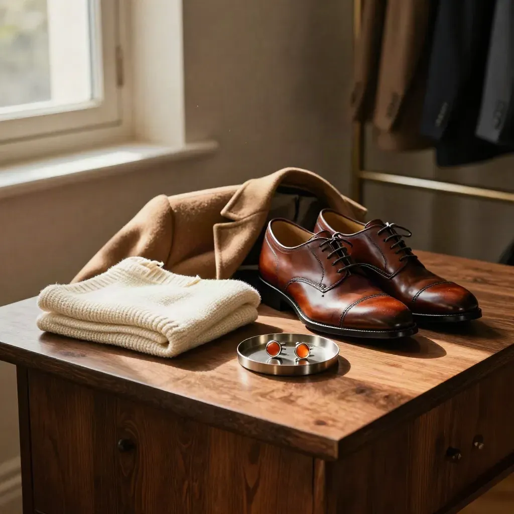 Abiti maschili su una panca da prova: cappotto, scarpe, maglione e vassoio per gemelli.