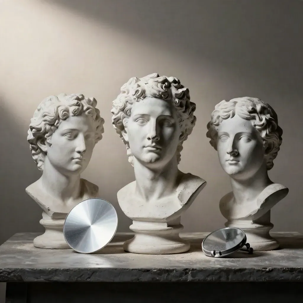 Tre busti in gesso, specchio da trucco e disco riflettente su tavolo antracite, luce radente
