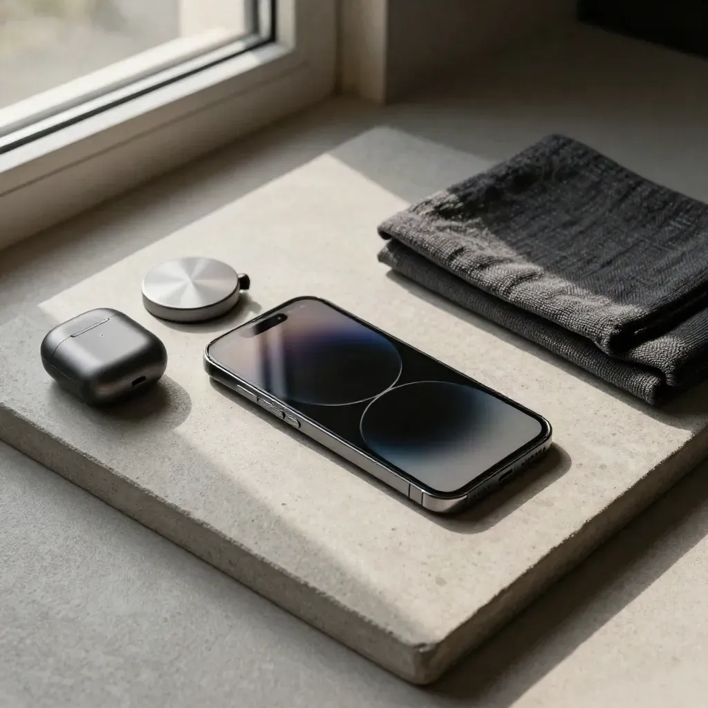Smartphone con glow video, auricolari wireless, base di ricarica e panno su vassoio in pietra.