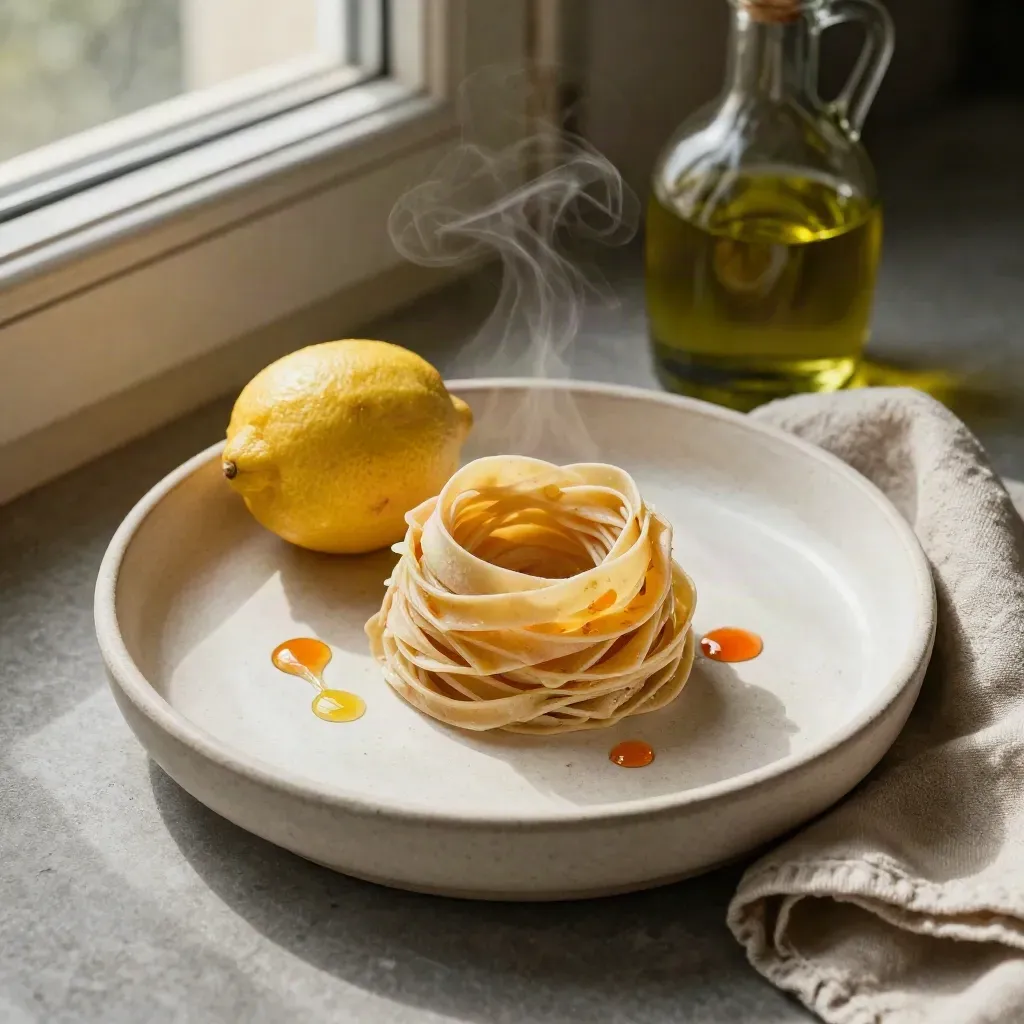 Pasta fresca in ciotola di ceramica con limone, oliera e tovagliolo su fondo crema.